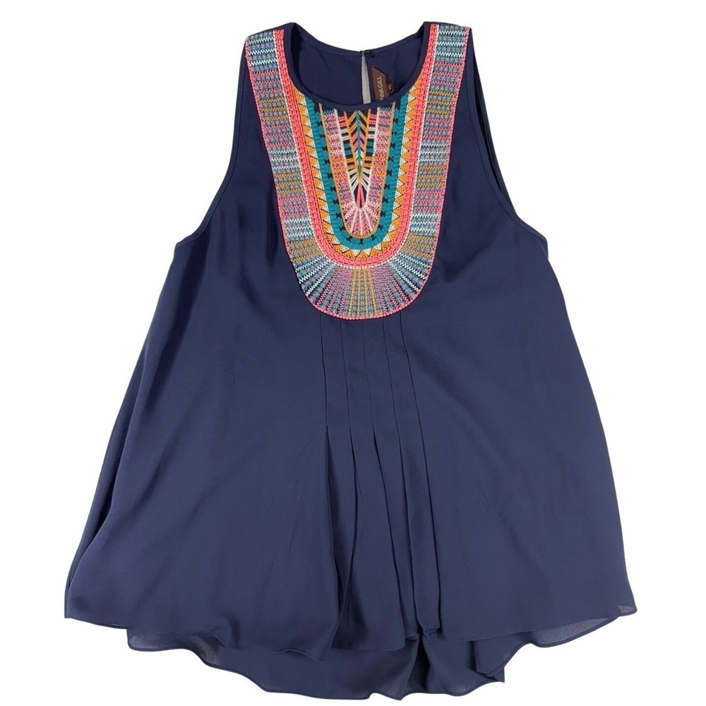 Anthropologie Ranna Gill Tank Top‎ XS  Blue Embroidered Coquette Festival Boho